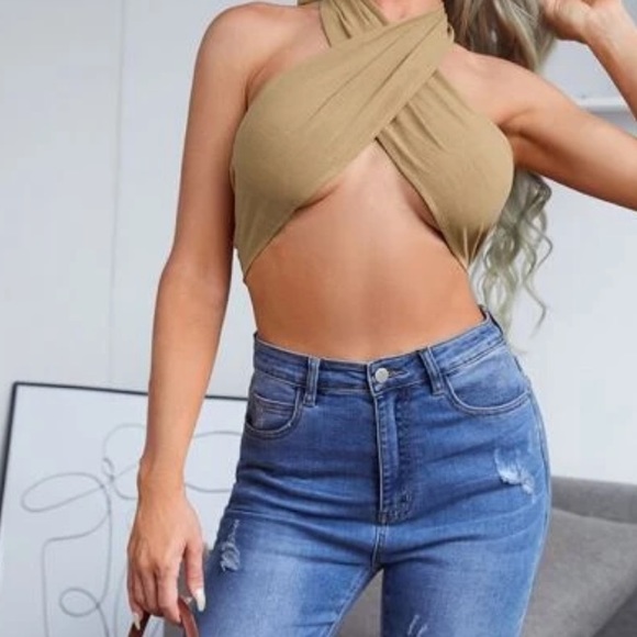 New Crisscross Wrap Tie Back Crop Halter  Top - Picture 2 of 5